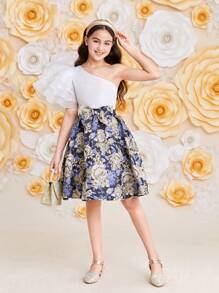 SHEIN Tween Girl 华丽荷叶边单肩两件套服装 - 藍色 - 查看 4