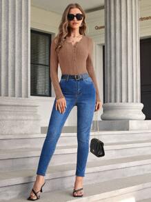 SHEIN Clasi 女士實色鬆緊針織t卹 - 棕色 - 查看 3