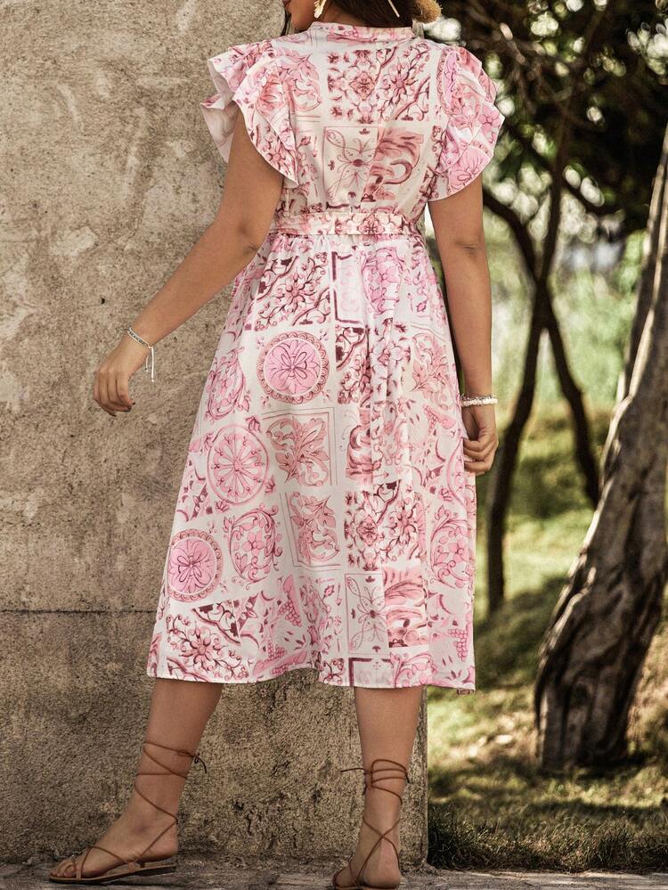 Plus Size Women's Floral Print Double Layer Sleeves Dress