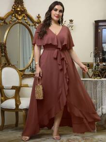 UNITHORSE Plus Size V-Neck Ruffle Trim Chiffon Bridesmaid Dress Elegant Dress - 紅木色 - 查看 4