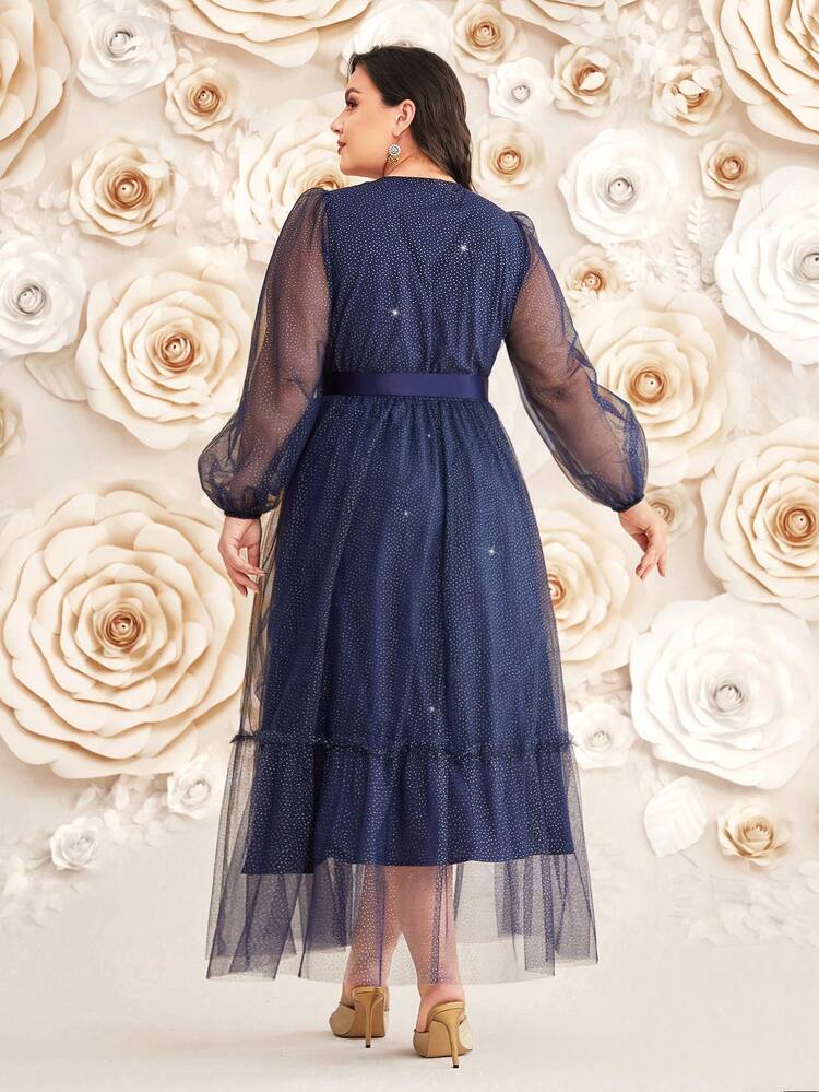 Plus Size V-Neck Mesh Contrast Dress,Elegant Evening Party Dress Long Evening Dresses