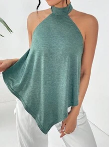 SHEIN Essnce Asymmetrical Hem Halter Top #Easter - Army Green - View 6