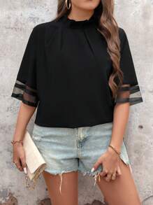 SHEIN Clasi Kích thước lớn Của phụ nữ Đứng cổ áo Nửa tay Áo sơ mi - màu đen - Xem 1