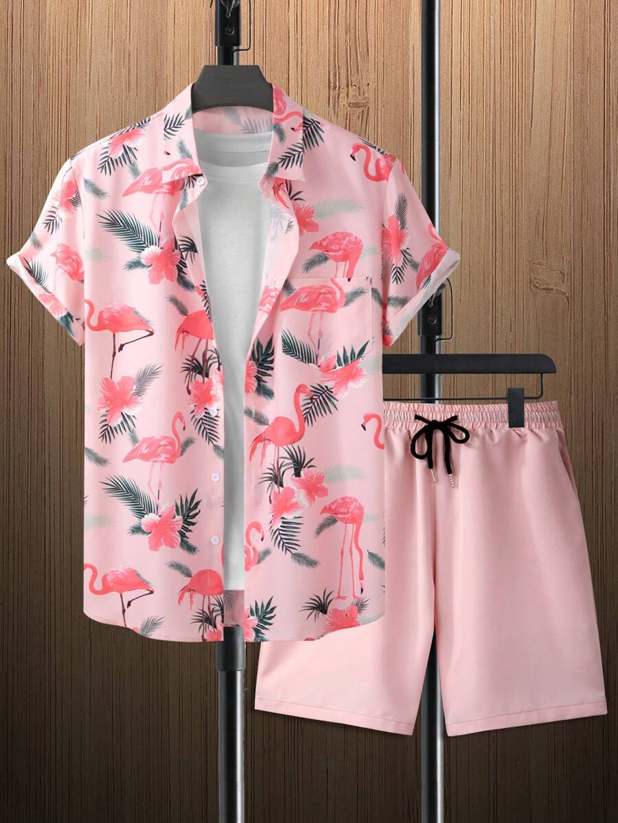 Manfinity RSRT 2pcs Men's Flamingo Print Short Sleeve Shirt Set - Baby Pink - View 1