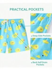 Manfinity Nam Vịt Cartoon In Xanh Dây rút Quần short đi biển Cho mùa hè , Bơi lội - Màu xanh lam - Xem 5
