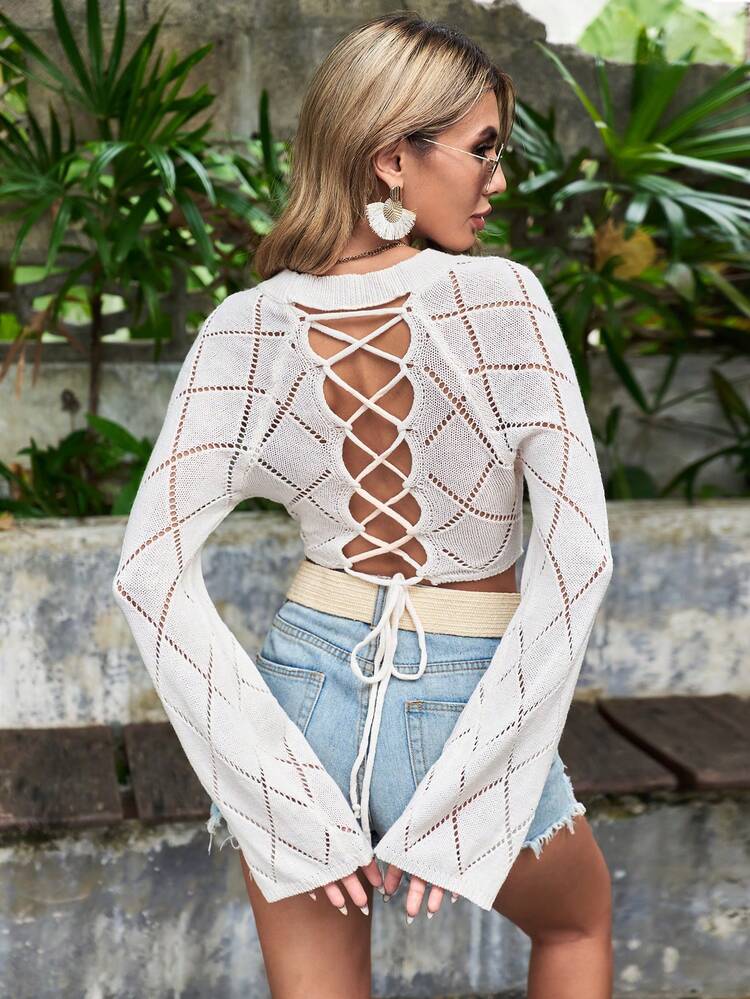 Women's Backless Hollow Out Sweater With Straps Knit Pullover Fall Winter Sweater