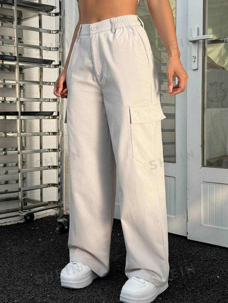 Flirla Pantalones cargo simples con bolsillos a la moda