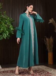 Al Najma Geometric Pattern Notched Neckline Fuzzy Decorated Dress - Green - View 3