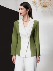 Seusyu 女士彩色拼接長袖西裝外套 - 白色 - 查看 3