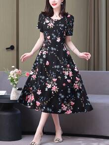 新款圆领花卉印花宽松夏季女式短袖连衣裙 - 黑色 - 查看 4