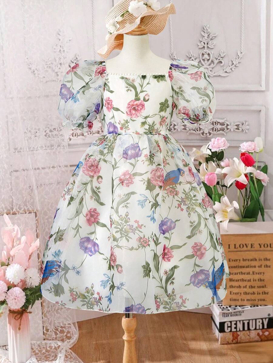 Tween Girls' Bubble Sleeve Dress With Botanical And Bird Print - Multicolor - View 1