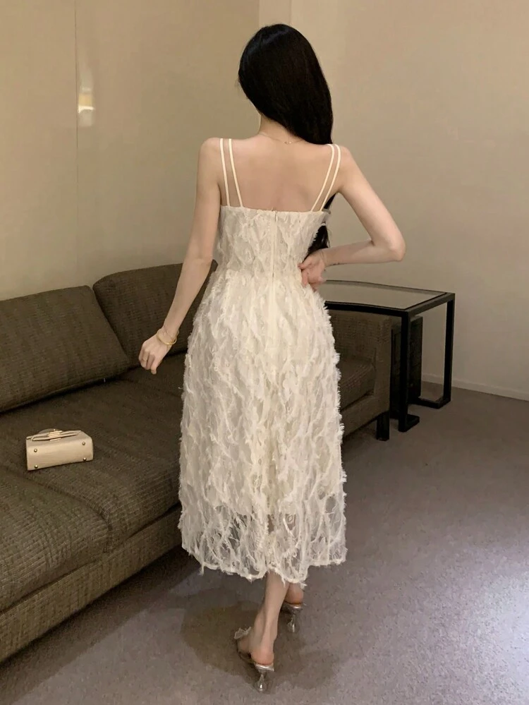 Soft And Delicate Style Feather Print Spaghetti Strap Dress SunDress