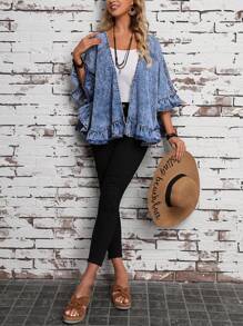 EMERY ROSE 女士襯衫領牛仔夾克,具有褶邊細節 - 藍色 - 查看 5