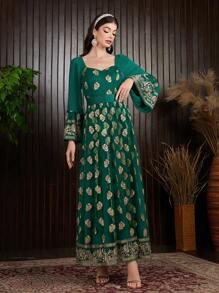 Al Najma Positioning Embroidery Sweetheart Neck Dress - Dark Green - View 3