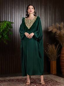 Al Najma 女裝羽毛拼接蝙蝠袖土耳其長款襯衫 - 墨綠色 - 查看 4