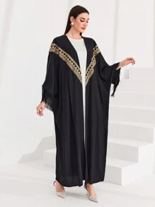 Al Najma 女士蝙蝠袖長袍,編織帶和流蘇裝飾 - 黑色 - 查看 3