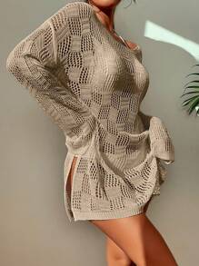 SHEIN Swim Women's Hollow Out Split Cover Up Top,Summer Beach - Khaki - View 4