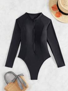 Swim SPRTY Summer Beach Solid Colored Zipper Closure Open Back One-Piece Swimsuit With Padded Cups - Black - View 4