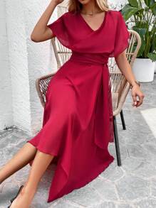 SHEIN Clasi Women's V-Neck Mesh Splice Dress - Red - View 6