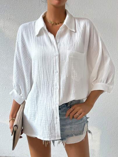 Calvaya Fickdesign Textur Känna Krage Skjorta