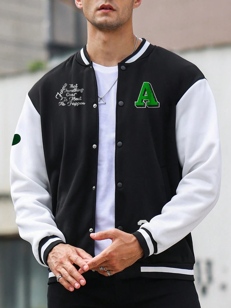 Manfinity Homme Men's Plus Size Slogan Pattern Color Block Baseball Jacket - Black and White - View 1