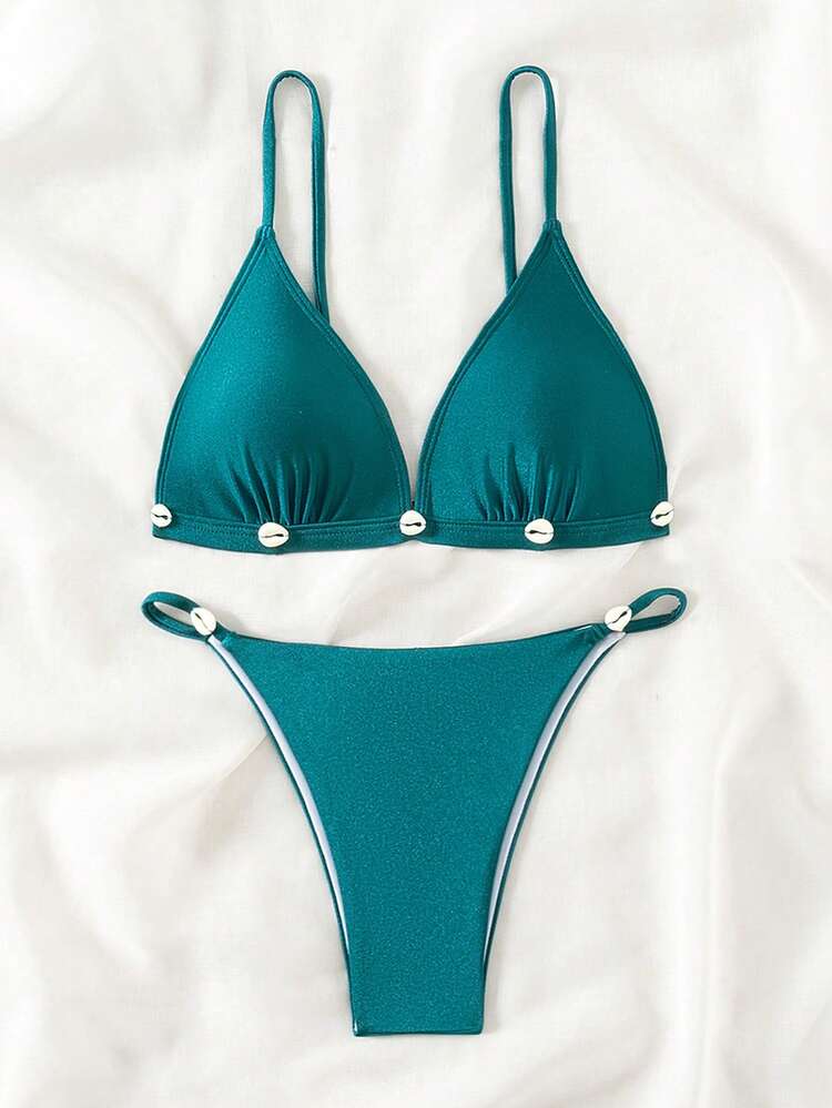 Summer Shell Decor V-Neck Spaghetti Strap Bikini Set