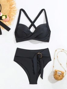 Bộ bikini thắt nút hở lưng màu trơn đan chéo mùa hè cho nữ - màu đen - Xem 4