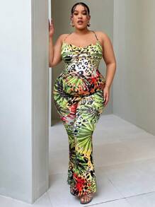 SHEIN SXY Kích thước lớn Của phụ nữ Nhiệt đới Mẫu thực vật & In hoa Báo Thon gọn Dây đeo Mì Ý  Bùng nổ Áo liền quần - Nhiều màu - Xem 1