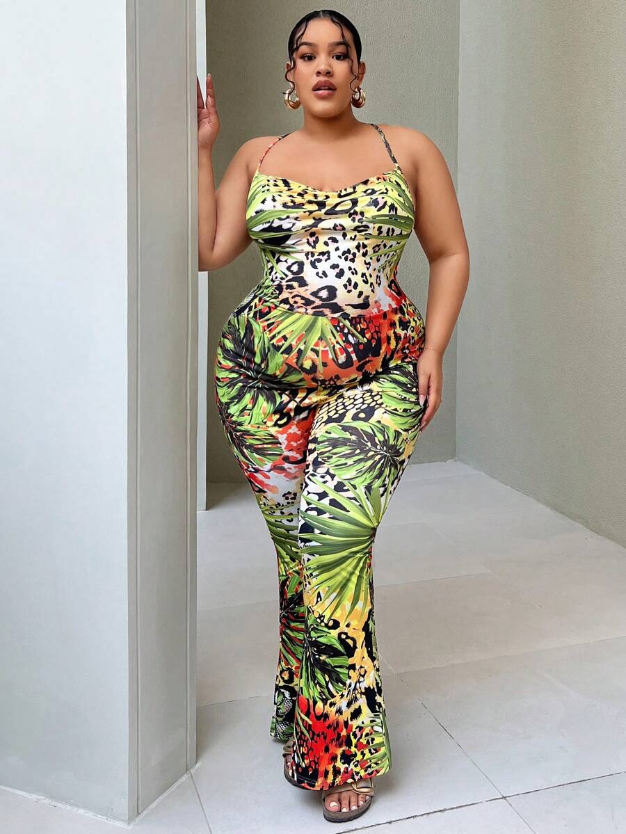 SHEIN SXY Kích thước lớn Của phụ nữ Nhiệt đới Mẫu thực vật & In hoa Báo Thon gọn Dây đeo Mì Ý  Bùng nổ Áo liền quần - Nhiều màu - Xem 1