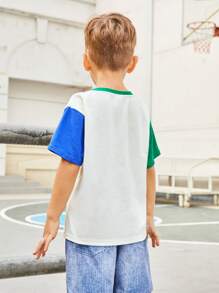 SHEIN Young Boys' Loose Fit Casual Round Neck Color Block T-Shirt With Letter Print