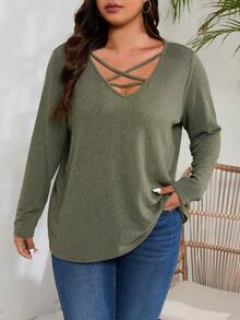 INAWLY 露背交叉綁帶松身t恤,休閒時尚大碼款 - 軍綠色 - 查看 3