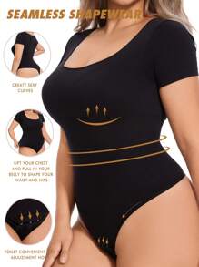 Plus Size Women's Seamless Short Sleeve Body Shaping Bodysuit With Thong - Black - View 1