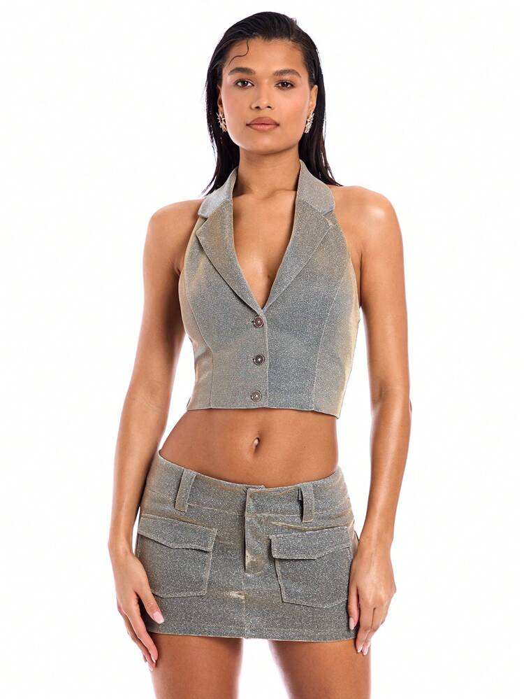 Women's Silver Holographic Silk, Polarized Metallic Texture Skirt With Pockets, Low Waist And Wide Belt, Sexy For Street & Nightclub Outfits