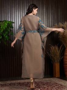 Al Najma Embroidered Notched Collar Batwing Sleeve Dress, Modest Kaftan - Khaki - View 2
