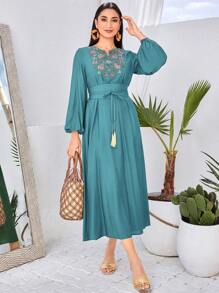 Al Najma 女士花卉刺绣七分灯笼袖连衣裙，端庄 - 藍色 - 查看 5