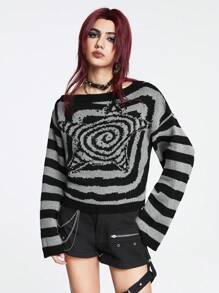 ROMWE Grunge Punk Women's Striped Off Shoulder Sweater, School - Multicolor - View 7