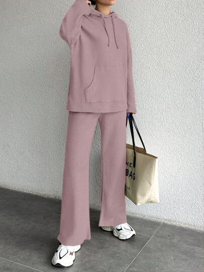 Cottnline Women's Solid Color Ribbed Drawstring Hoodie And Pants Set