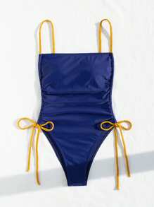Swim Vcay Summer Beach One-Piece Swimsuit With Drawstring, Open Back And Side Cutouts - Blue - View 4