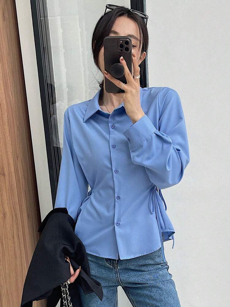 Solid Color Business Casual Long Sleeve Cinched Waist Women Blouse,Long Sleeve Tops,Fall Clothes