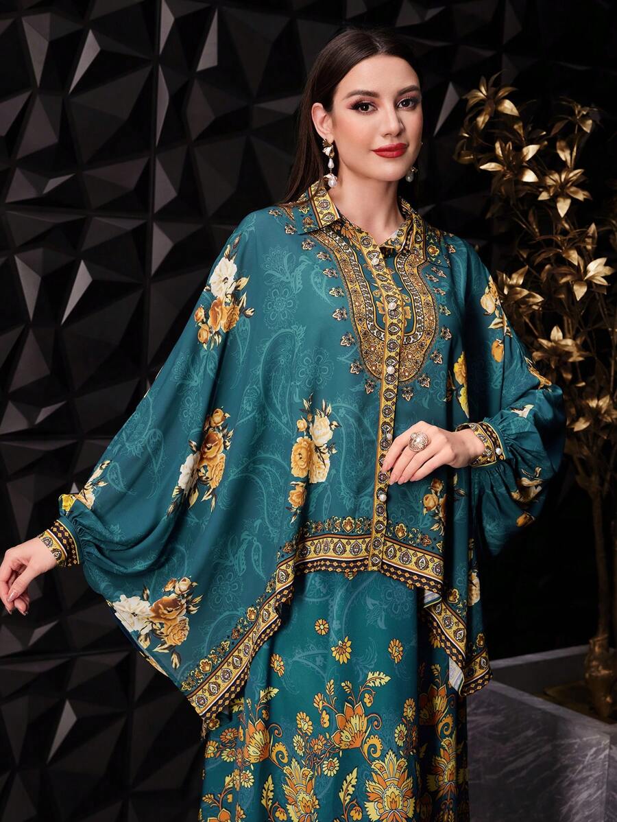 Modelyn Elegante Lockere Damenbluse Mit Batwing-ärmeln Und Blumenmuster Im Western-stil