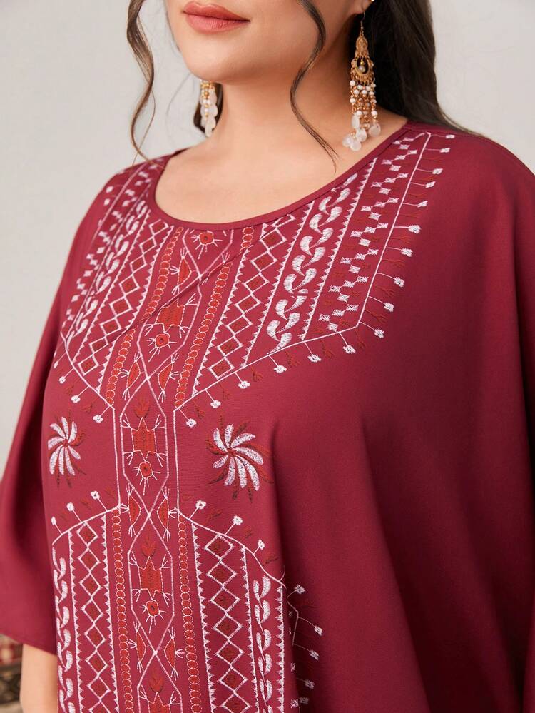 Plus Size Printed Round Neck Arabian Clothing Kaftan Jalabiya Dress