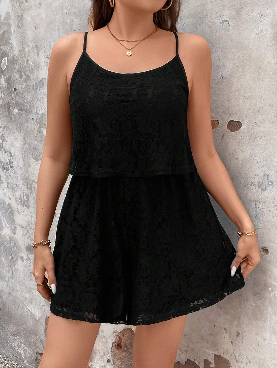 SHEIN LUNE Plus Size Women's Lace Up Waist Romper - Black - View 1
