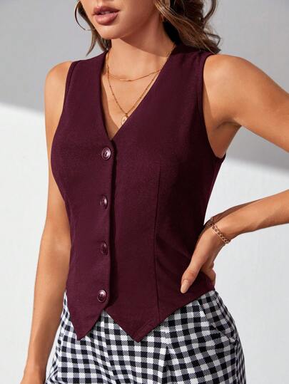 SHEIN Tall 秋冬女士无袖单排扣V领背心