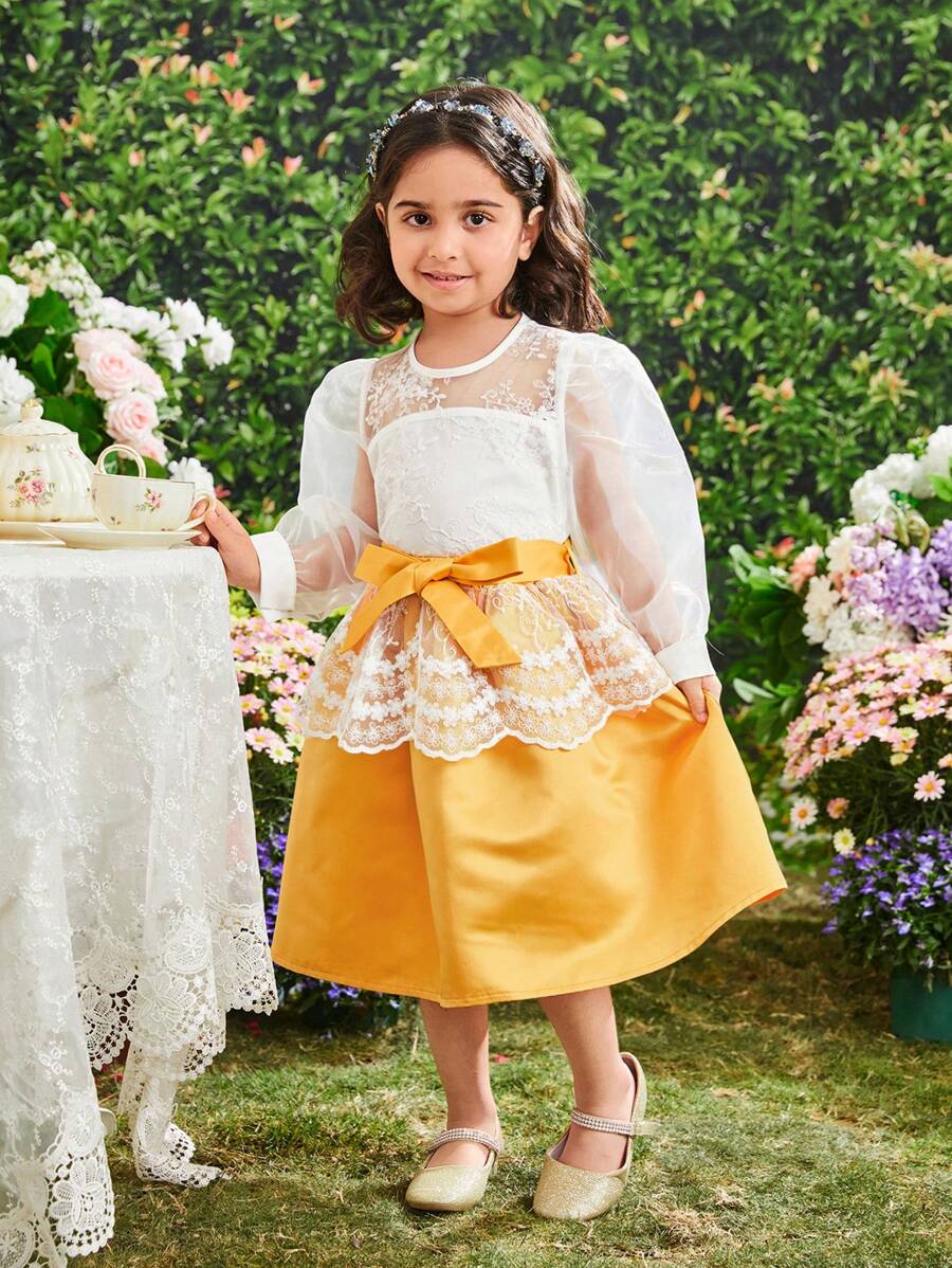 SHEIN 少女圓領燈籠袖網紗刺繡上衣配雙層裙擺裙2件套裝 - 彩色 - 查看 1