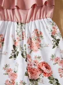 SHEIN Bộ áo liền quần không tay cho bé gái Tween với quần nhún bèo phía trước và in hoa - Nhiều màu - Xem 3