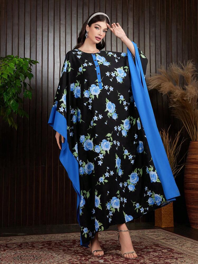 Women's Floral Print Patchwork Batwing Sleeve Dress Kaftan Jalabiya Dress