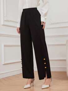 Mulvari Women's Wide Leg Pants With Buttoned Cuffs - Black - View 3