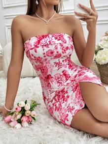 SHEIN Unity 印花露肩連身裙 - 紅色 - 查看 5