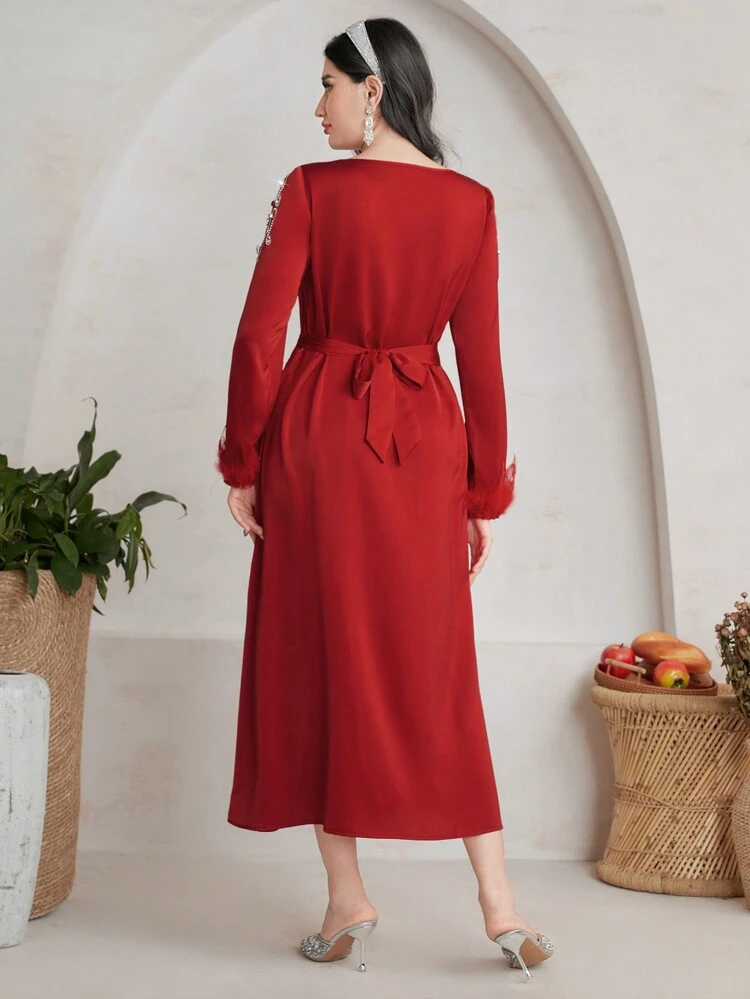 Burgundy Red 1pc Women's Fuzzy Cuff Dress With Rhinestone Decor, Necklace Not Included Long Evening Dresses