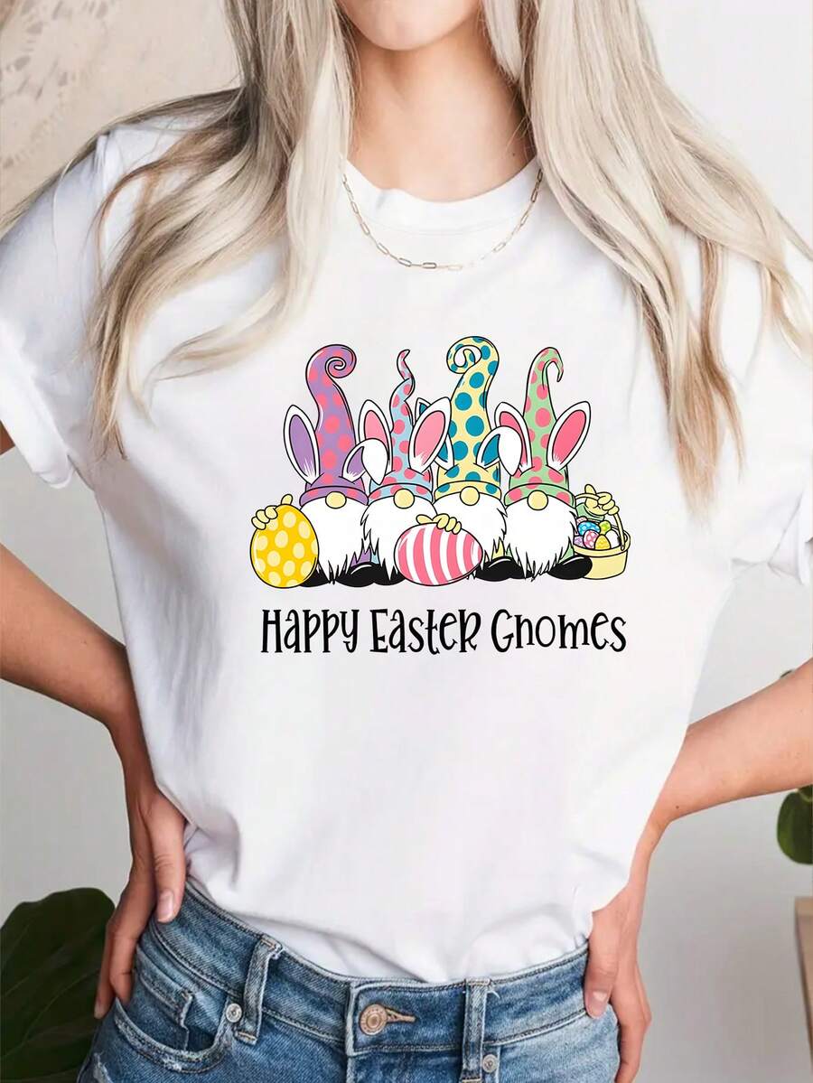 SHEIN EZwear 彩色復活節卡通短袖t恤 - 白色 - 查看 1